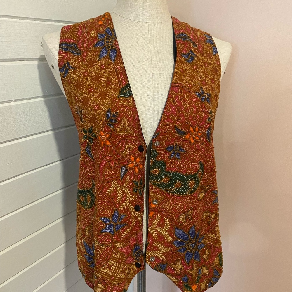 Vintage Beaded Embroidered Vest with Floral Designs, Rust Coloured, Size M/L